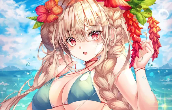 Girl, sexy, cleavage, long hair, sea, boobs, anime, flowers