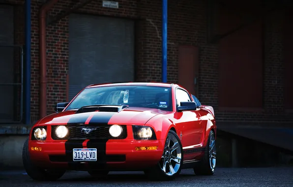 Картинка красный, Mustang, Ford, мустанг, red, мускул кар, форд, спортивные полосы