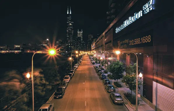 Картинка дорога, ночь, огни, небоскребы, фонари, USA, чикаго, Chicago