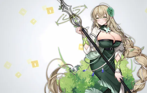 Girl, sexy, game, cleavage, green eyes, long hair, dress, boobs