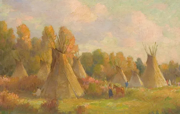 Хижины, Joseph Henry Sharp, Crow Reservation, индеец и лошадь