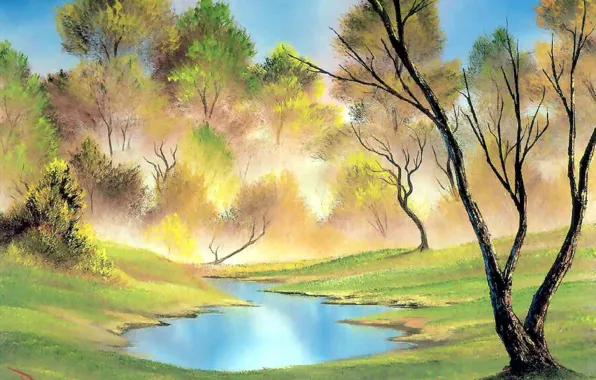 Картинка осень, лес, лето, вода, деревья, пруд, берег, картина