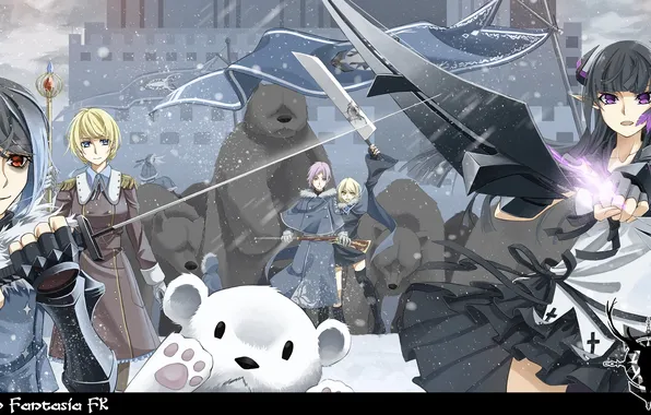 Зима, оружие, замок, девушки, животное, меч, аниме, медведь