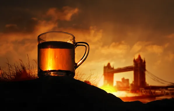 Картинка трава, закат, город, фон, чай, Англия, Лондон, вечер