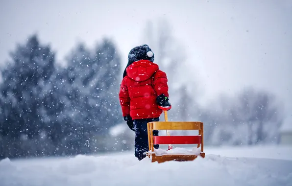 Картинка зима, снег, снежинки, природа, ребенок, санки, ребёнок