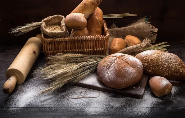 Картинка food, wheat, basket, flour, rolling pin, Bread