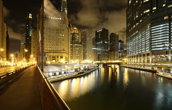 Картинка ночь, город, огни, река, небоскребы, Чикаго, Иллиноис