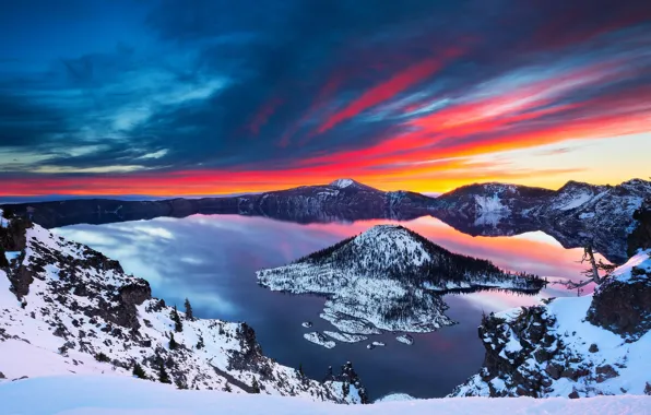 Картинка зима, снег, пейзаж, озеро, Sunrise, Crater Lake