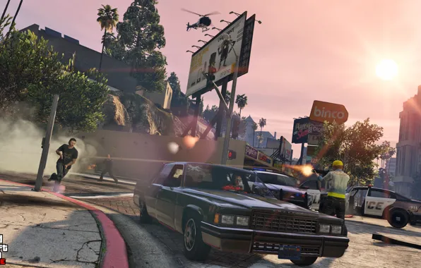 Машины, полиция, вертолет, перестрелка, Grand Theft Auto V, gta 5, gta online