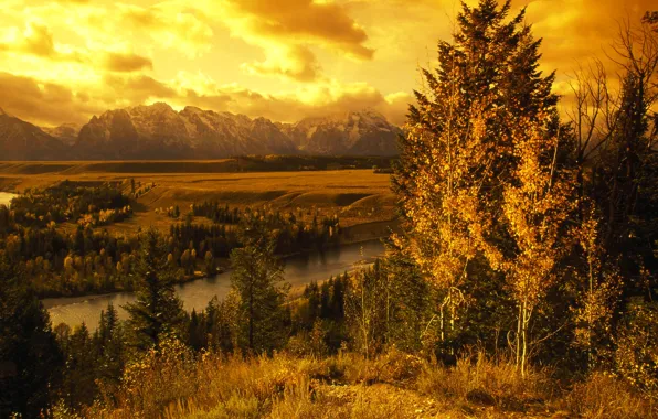 Картинка поле, небо, облака, деревья, закат, горы, река