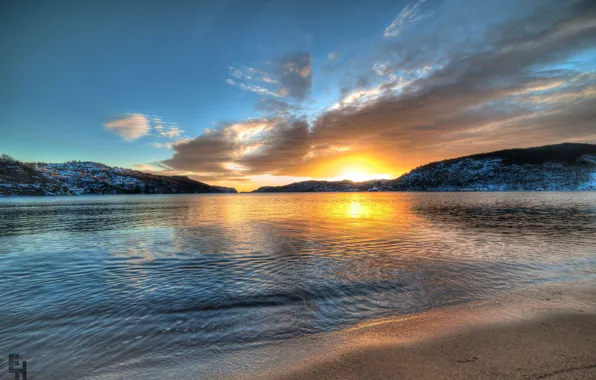 Закат, горы, озеро, Норвегия, Norway