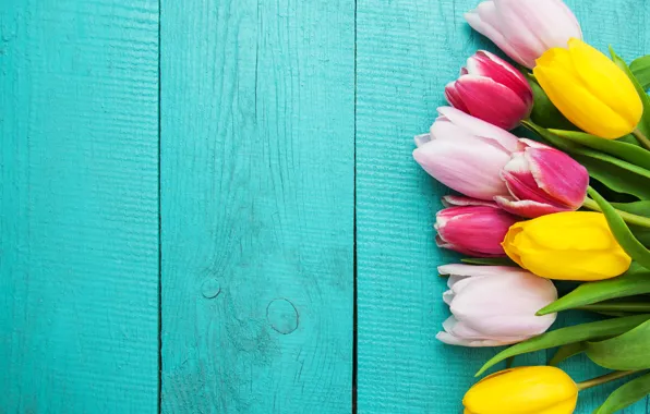Картинка colorful, тюльпаны, розовые, yellow, wood, pink, flowers, tulips
