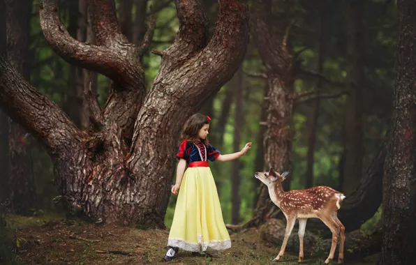 Картинка лес, деревья, природа, животное, платье, девочка, наряд, ребёнок