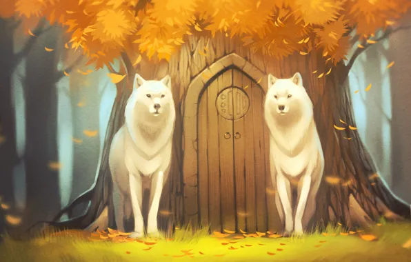 Картинка лес, дерево, волк, дверь, арт, древо, белые волки