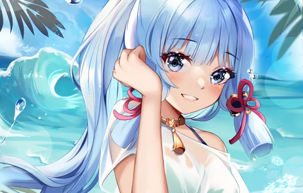 Girl, sexy, beach, long hair, sea, boobs, anime, water