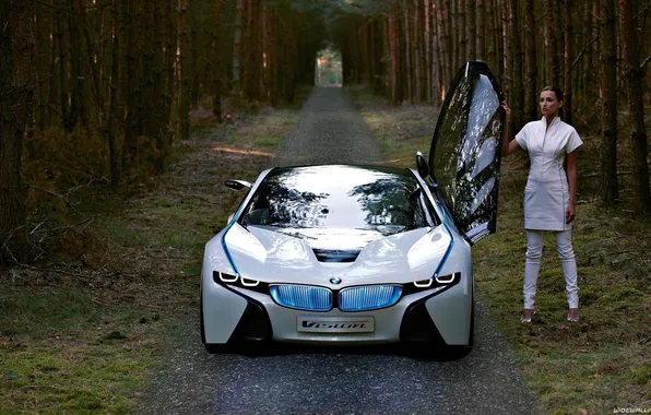 Картинка лес, девушка, белое, BMW, будущие