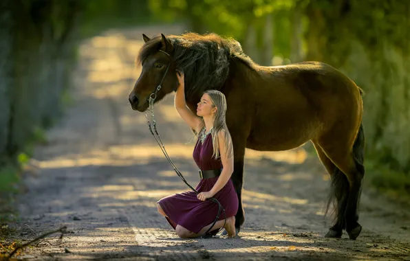 Дорога, девушка, настроение, конь