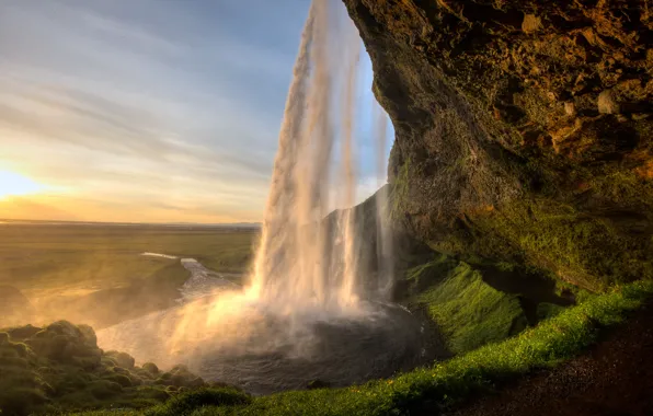 Картинка небо, скала, водопад, Исландия