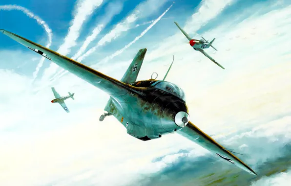 War, art, painting, aviation, ww2, Me 163 Komet, P 51 mustang