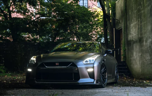 Nissan, Front, Grey, R35, Building, Nissan GTR, Trees