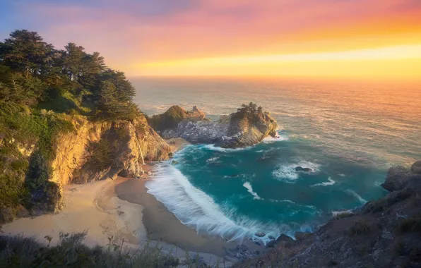 Океан, рассвет, побережье, утро, California, Big Sur, McWay Falls