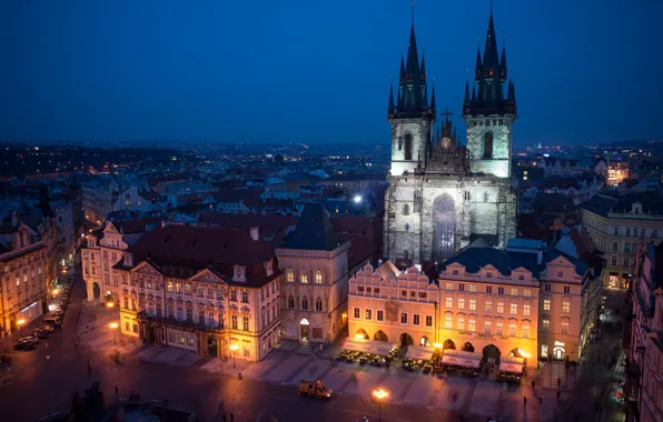 Небо, ночь, город, здания, Прага, Чехия, освещение, архитектура