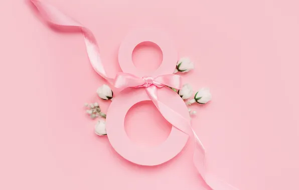Картинка цветы, розы, цифра, лента, happy, розовый фон, 8 марта, pink