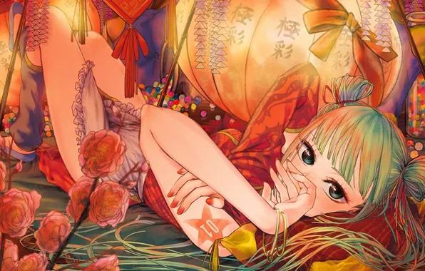 Девушка, цветы, руки, арт, vocaloid, hatsune miku, фонарики, лежа