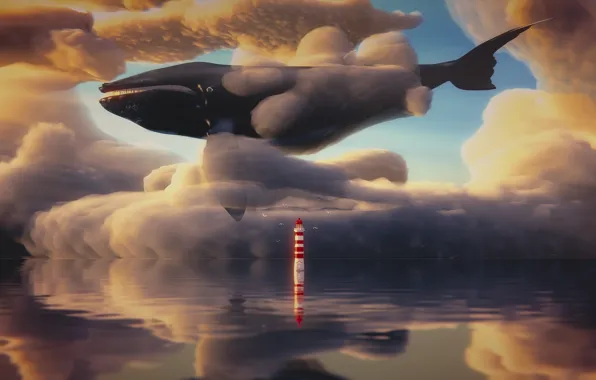 Картинка море, небо, маяк, фэнтези, кит, 3D-графика, by IkyuValiantValentine, Valiant Valentine