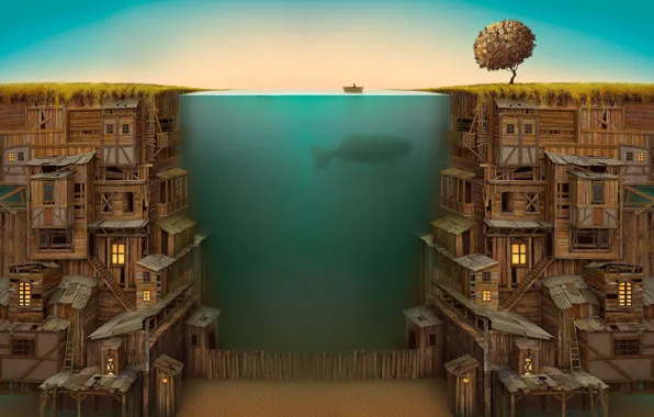 Картинка дом, дерево, лодка, забор, окна, дно, кит, под водой
