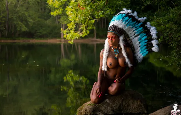 Forest, trees, hat, woman, water, feathers, lake, rocks