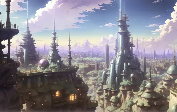 Fantasy, sky, landscape, anime, art, fantasy art, city​​, Futuristic