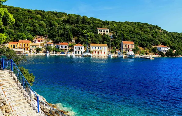 Море, город, дома, лодки, Греция, набережная, Greece, Итака