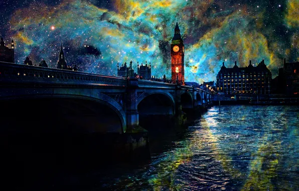 Картинка ночь, мост, Космос, London