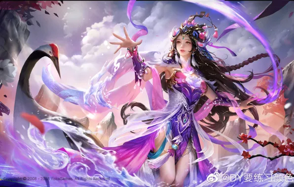 Небо, вода, девушка, цапли, legend of the three kingdoms, dy1994, zhuge guo