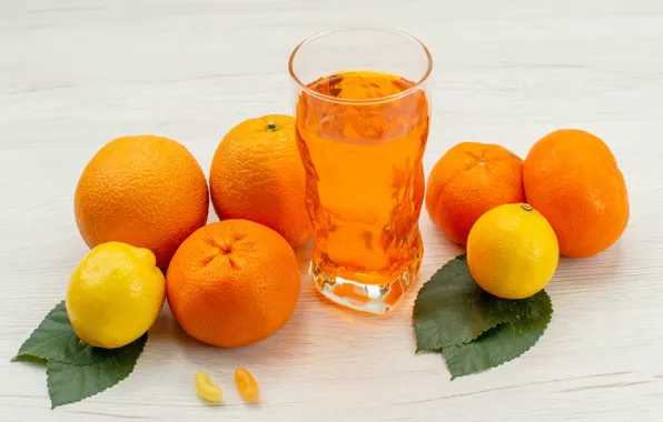 Листья, стакан, доски, апельсины, сок, фрукты, светлый фон, цитрусы