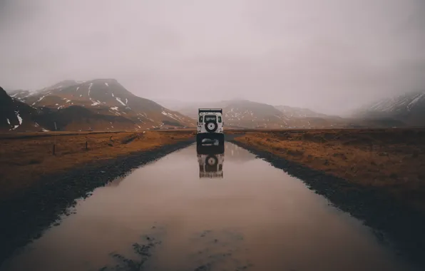 Land Rover, Car, Water, Defender, River, Rocks, Fog, Offroad