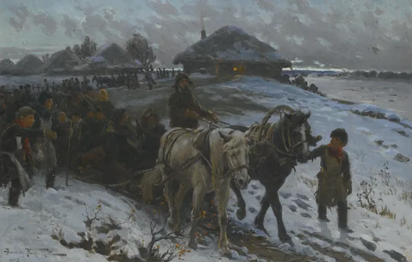 Зима, лошади, сани, мужики, Alexander Vladimirovich Makovsky, LEAVING FOR THE HUNT