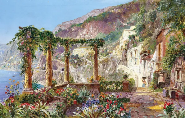 Цветы, Дома, Деревья, Картина, Побережье, Alois Arnegger, Алоис Арнеггер, Австрийский живописец
