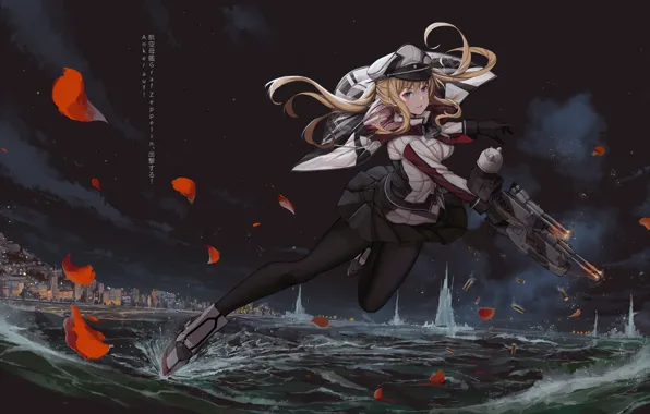 Вода, девушка, оружие, лепестки, anime, art, Kantai Collection