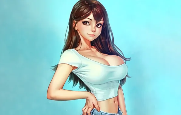 Картинка girl, sexy, cleavage, long hair, brown hair, brown eyes, boobs, anime