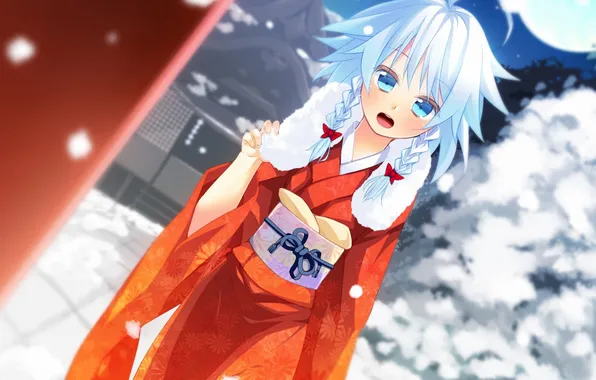 Картинка девушка, снег, луна, арт, кимоно, touhou, izayoi sakuya, nigou