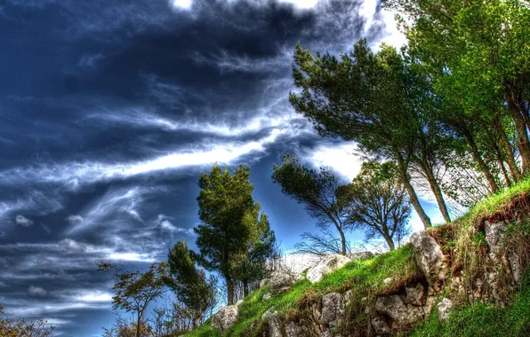 Картинка небо, облака, деревья, пейзаж, камни, обрыв