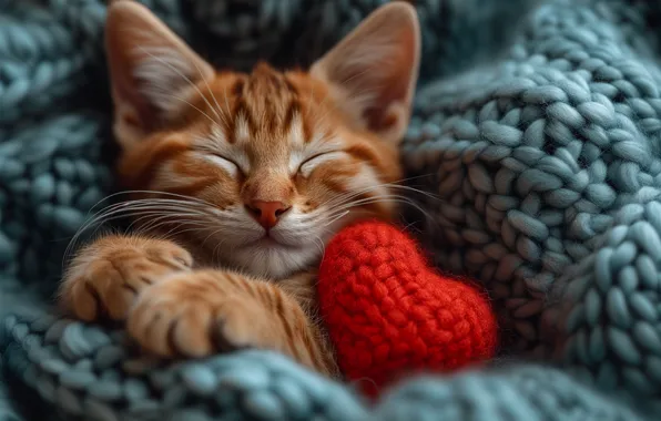 Кошка, поза, котенок, красное, сердце, сон, лапки, рыжий