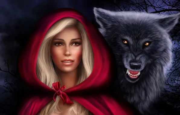 Девушка, волк, хищник, красная шапочка, капюшон, Photoshop, Нelena