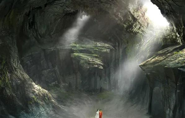 Женщины, пещера, лучи света, Love O2O scenery concept