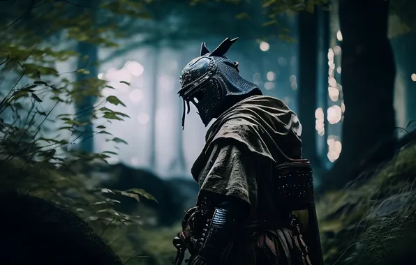 Картинка forest, armor, trees, leaves, samurai, helmet, AI art