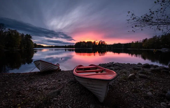 Лес, закат, река, лодки, Швеция