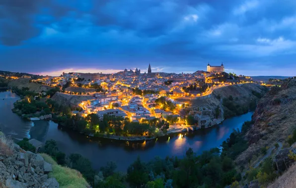 Огни, вечер, панорама, Испания, Толедо