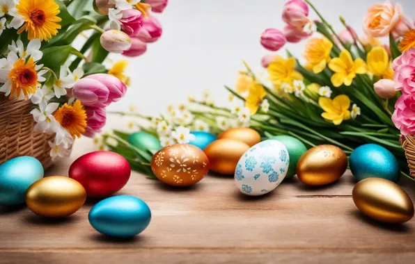Картинка цветы, яйца, весна, colorful, Пасха, happy, flowers, spring